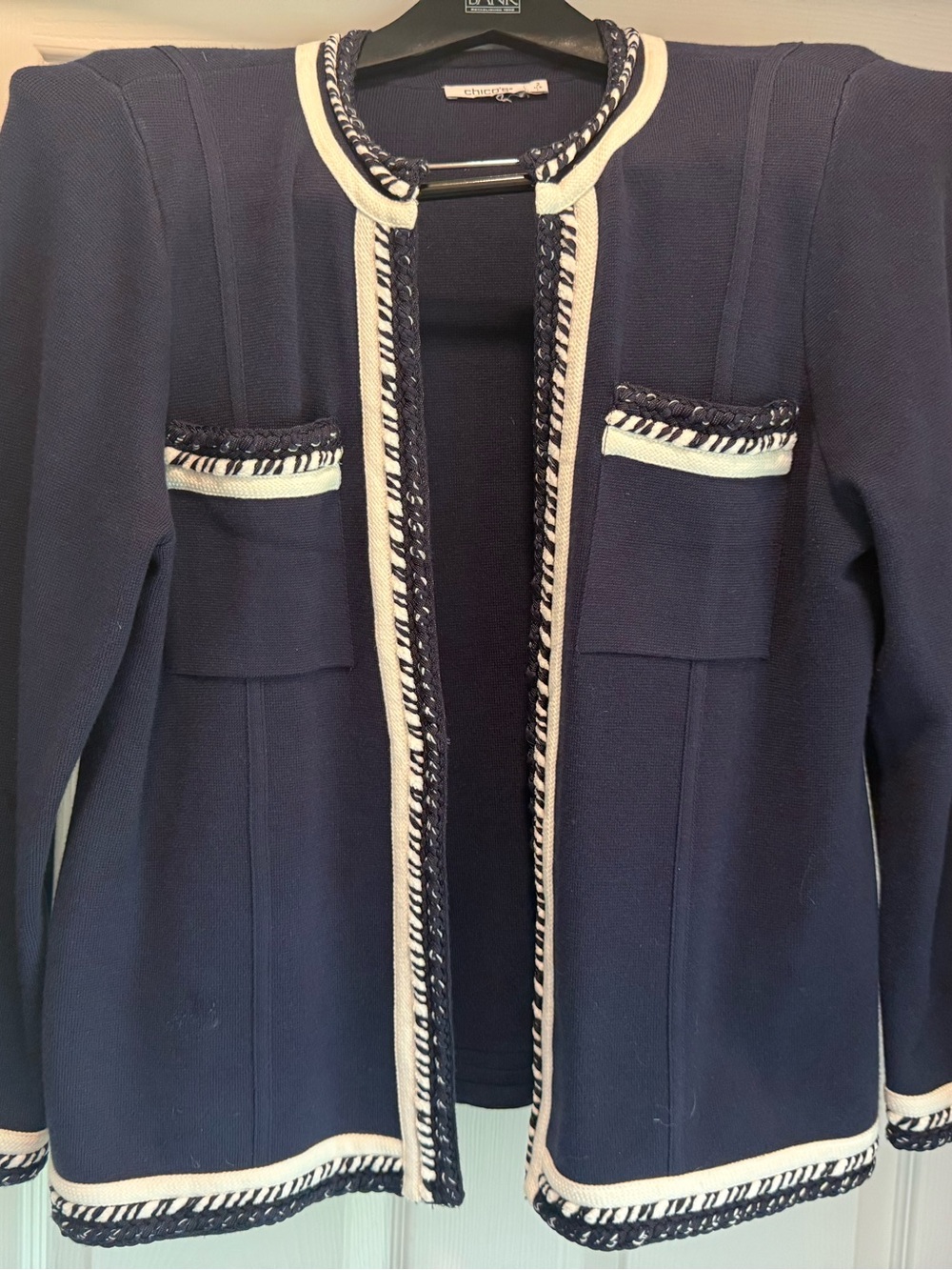 Chico's Navy Open-Front Bouclé-Trim Jacket with Cream Accents